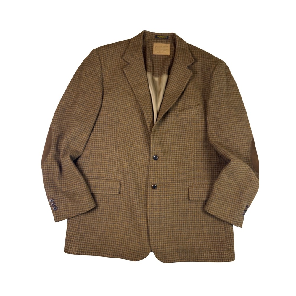 Pendleton‎ Mens 46L Wool Blazer Brown Houndstooth Elbow Patches USA Sportcoat